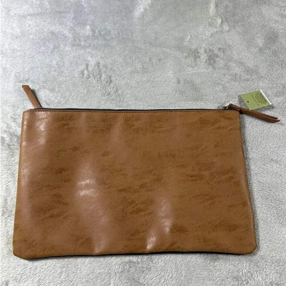 Vegan Leather Cosmetic Pouch Tan Zip Clutch Travel Makeup Organizer Bag NWT